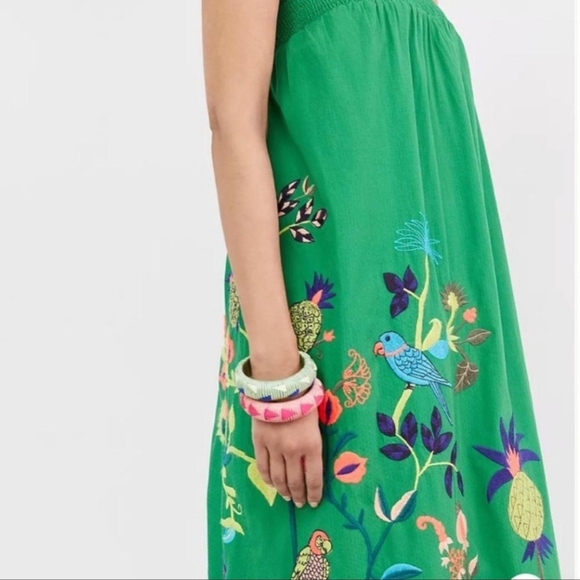 Anthropologie Strapless Embroidered Maxi Dress Green Tropical Botanical Smocked - Picture 3 of 9
